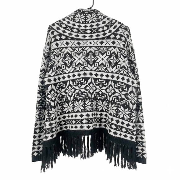 Jessica Simpson Sweater Womens M Black White Cowl Neck Fringe Fair Isle Nordic - Picture 4 of 5